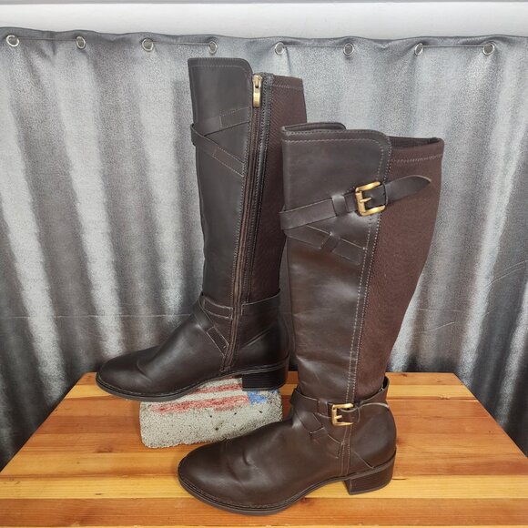 Franco Sarto Brown Knee High Riding Boots Chrome Zip Up Size 8.5M Neoprene Calf - Picture 3 of 16